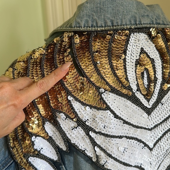 Free People Sequin Glam Denim Jacket in Indigo Blue Size Small - Picture 8 of 14